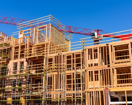 Exterior view of multifamily residential building under construction in Palo Alto; the entire Silicon Valley and San Francisco Bay Area is facing a housing crisis, with increased housing costs